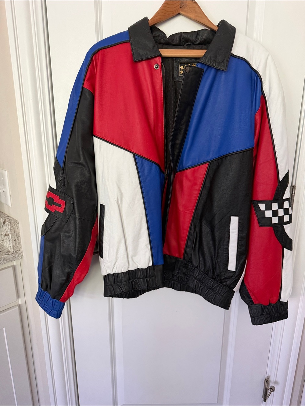 Mens Vintage Colorblock Leather Racing Jacket - Black Red Blue White